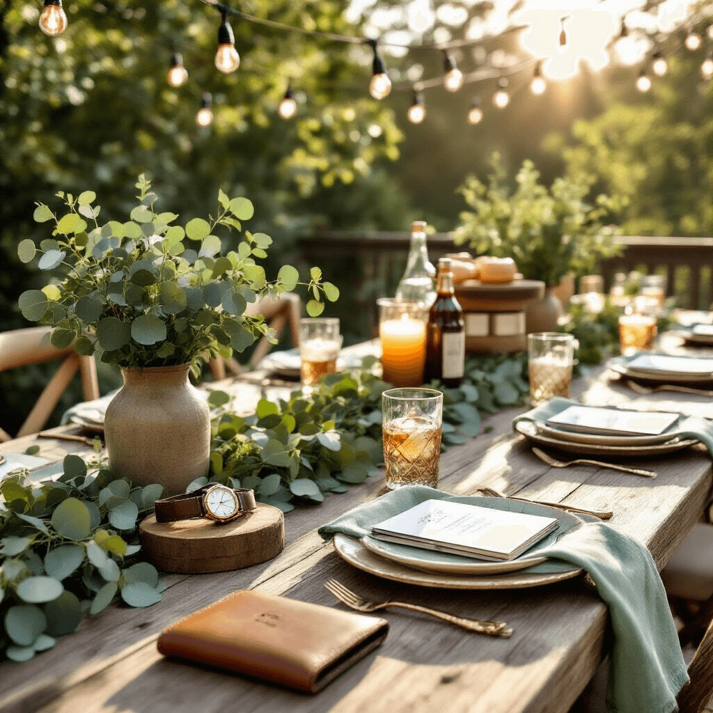 One Year Anniversary Gifts for Him: Celebrating Love and Memories Detail shot of a rustic backyard terrace featuring a farm table set for an anniversary celebration, adorned with personalized keepsakes like custom leather wallets and engraved watches, surrounded by sage green and cream linens, eucalyptus garlands, craft cocktail kits, and BBQ sauce collections, all illuminated by natural sunlight and string lights.
