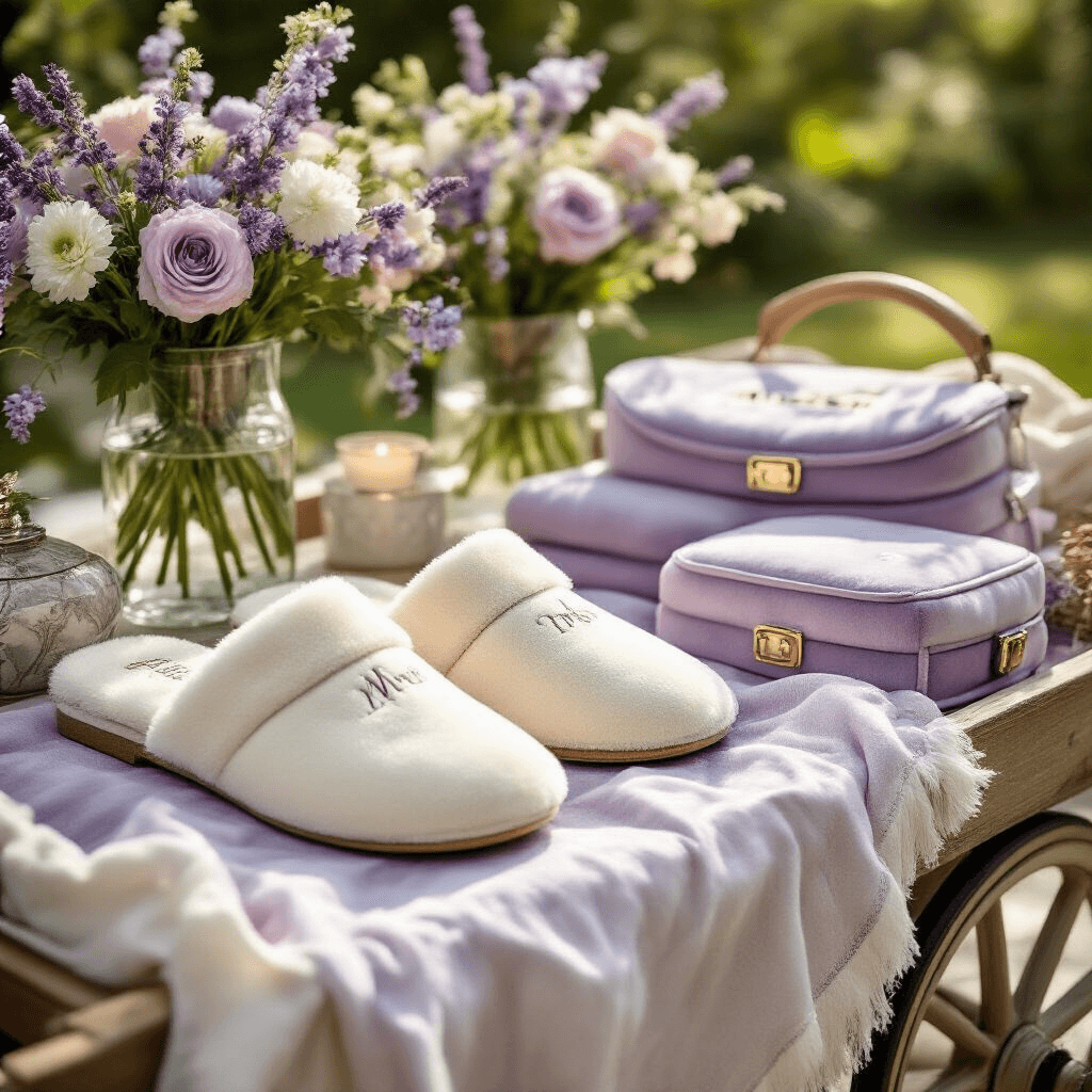 Ultimate Birthday Gift Guide for Your Best Friend: Thoughtful, Fun, and Memorable Presents Close-up of a stylish backyard picnic setup featuring cream velvet slippers, monogrammed pajamas, and chic belt bags on a vintage wooden cart, surrounded by fresh florals and soft morning light.