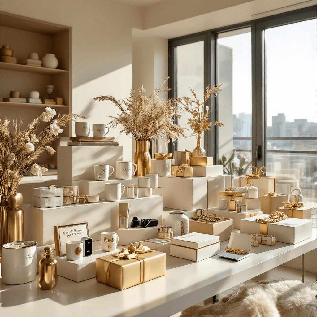 Ultimate Birthday Gift Guide for Your Best Friend: Thoughtful, Fun, and Memorable Presents A bright, modern apartment interior featuring tiered displays of budget-friendly gifts, including funny mugs and statement jewelry, set against sleek gold and ivory accents, with personalized gift boxes and tech gadgets, all illuminated by midday sunlight streaming through large windows.