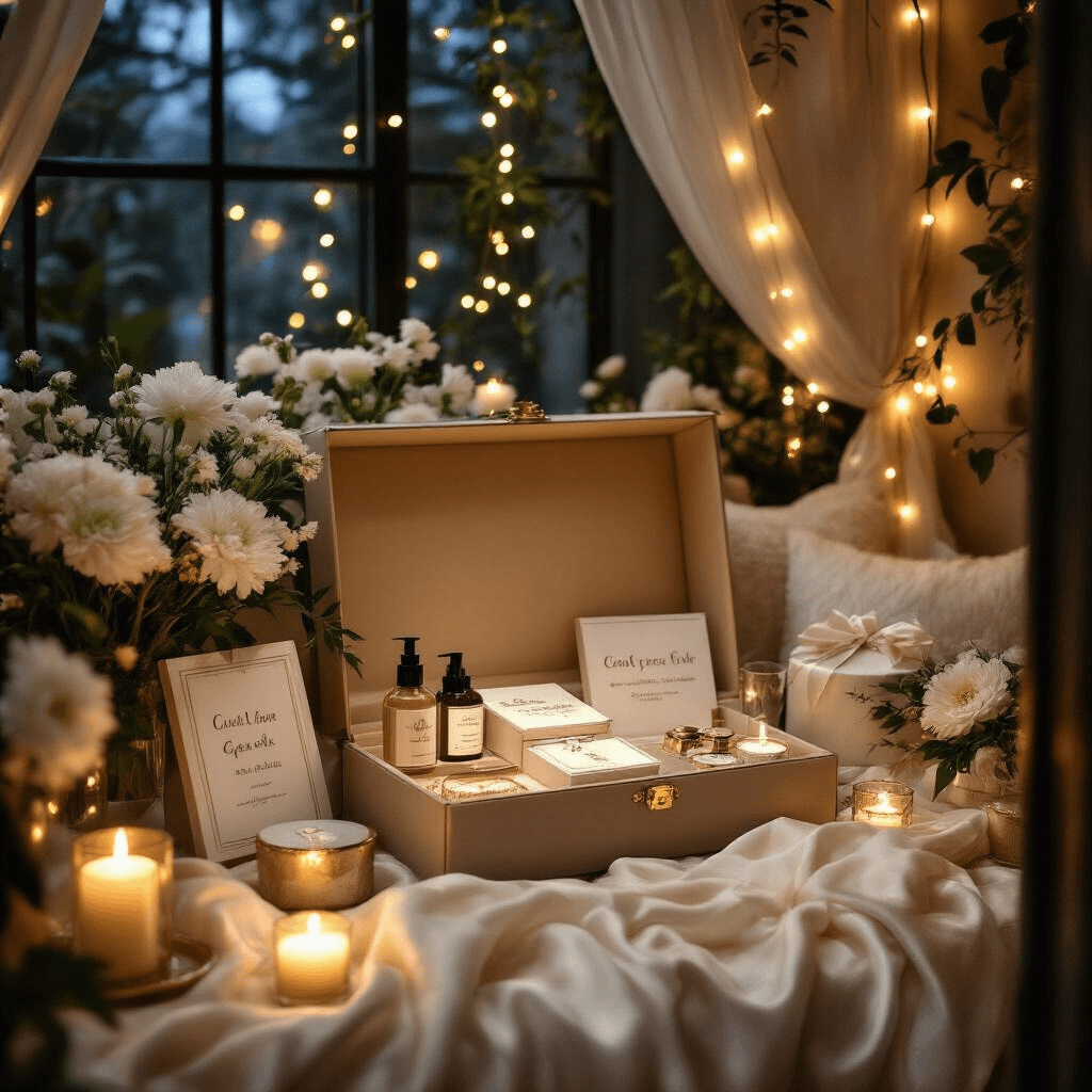 Ultimate Birthday Gift Guide for Your Best Friend: Thoughtful, Fun, and Memorable Presents Cinematic view of an intimate dining nook adorned with fairy lights, featuring a beautifully arranged gift box display of premium self-care sets and designer accessories, set against silk draping, with soft candle and string light illumination, fresh white florals, and sheer textiles, creating a warm and romantic atmosphere.