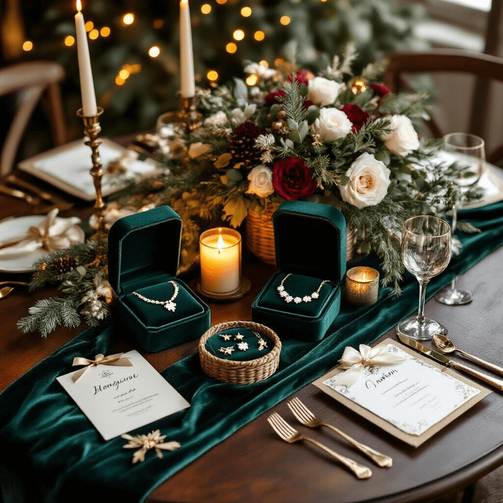 Ultimate Christmas Gift Guide for Women in 2025: Thoughtful Presents They'll Absolutely Love An elegant intimate dining nook featuring a round dark wood table set with personalized birth flower necklaces, velvet jewelry boxes, and personalized hampers, all under warm candlelight and soft golden string lights, with deep emerald and gold decor including a silk table runner and fresh winter florals.