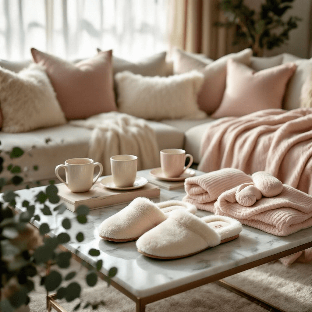 Ultimate Christmas Gift Guide for Women in 2025: Thoughtful Presents They'll Absolutely Love A cozy Christmas morning living room featuring plush UGG slippers on a marble coffee table, surrounded by soft cashmere loungewear sets in cream and blush pink. Natural sunlight filters through sheer curtains, illuminating layered textures of velvet cushions, silk throws, and ceramic mugs. Low tables with floor cushions are adorned with weighted sleep masks and luxury comfort gifts, beautifully styled with fresh eucalyptus sprigs.