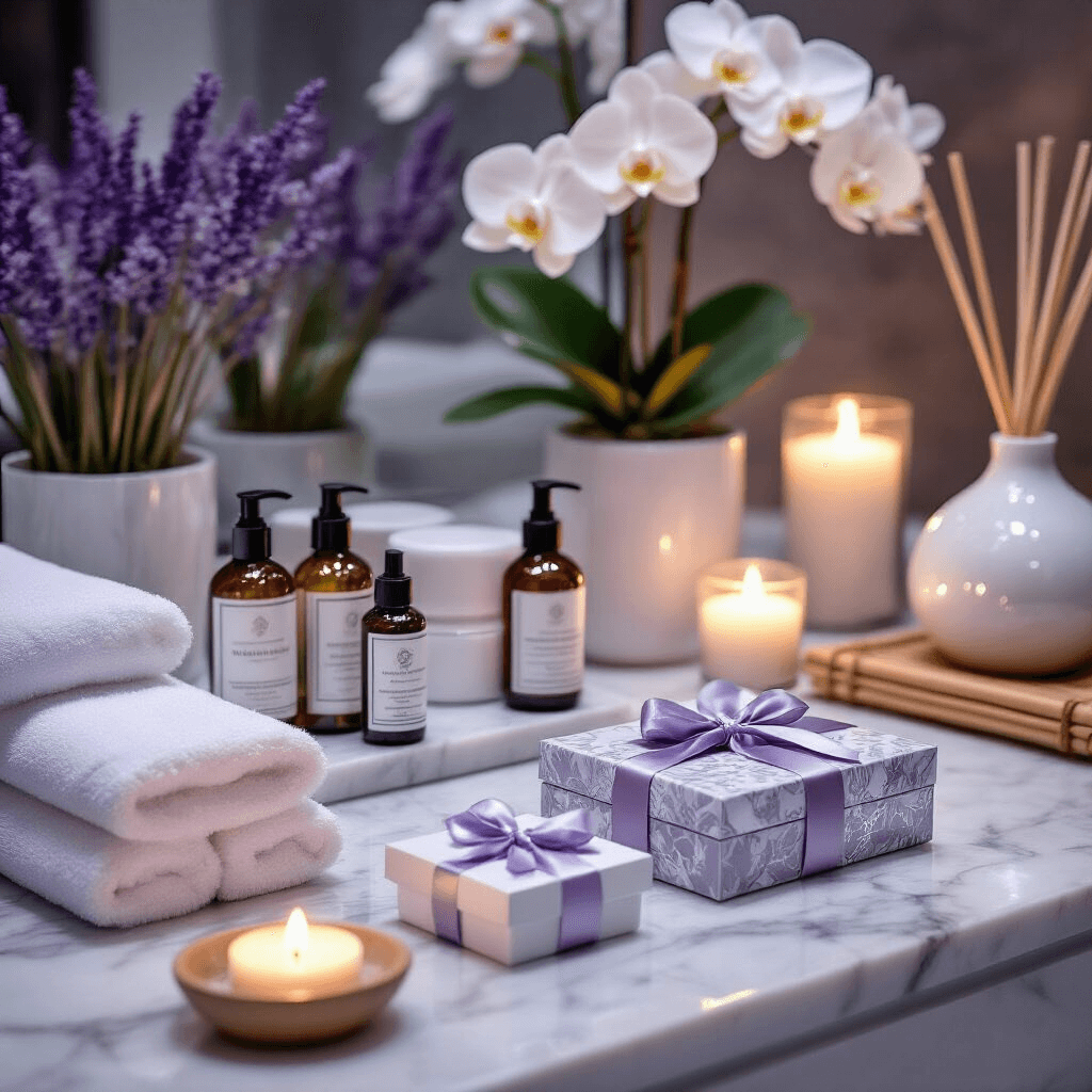 Ultimate Christmas Gift Guide for Women in 2025: Thoughtful Presents They'll Absolutely Love Close-up of a modern spa setup featuring marble countertops with luxury skincare sets, glass bottles of professional hair oils, and elegantly wrapped spa gift boxes; complemented by flickering candles, soft fairy lights, and fresh orchids in a lavender and silver color scheme.