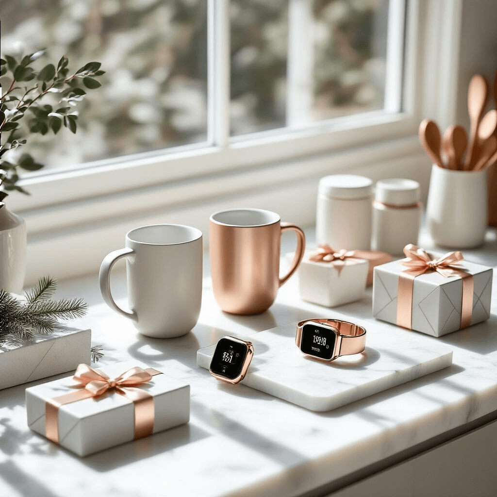 Ultimate Christmas Gift Guide for Women in 2025: Thoughtful Presents They'll Absolutely Love Stylish kitchen counter flat lay featuring smart tech Christmas gifts including a temperature control mug, rose gold smartwatch, and digital meat thermometer, arranged on a white marble surface under bright sunlight, with a minimalist palette of white, rose gold, and soft gray, complemented by contemporary ceramics and geometric gift boxes.
