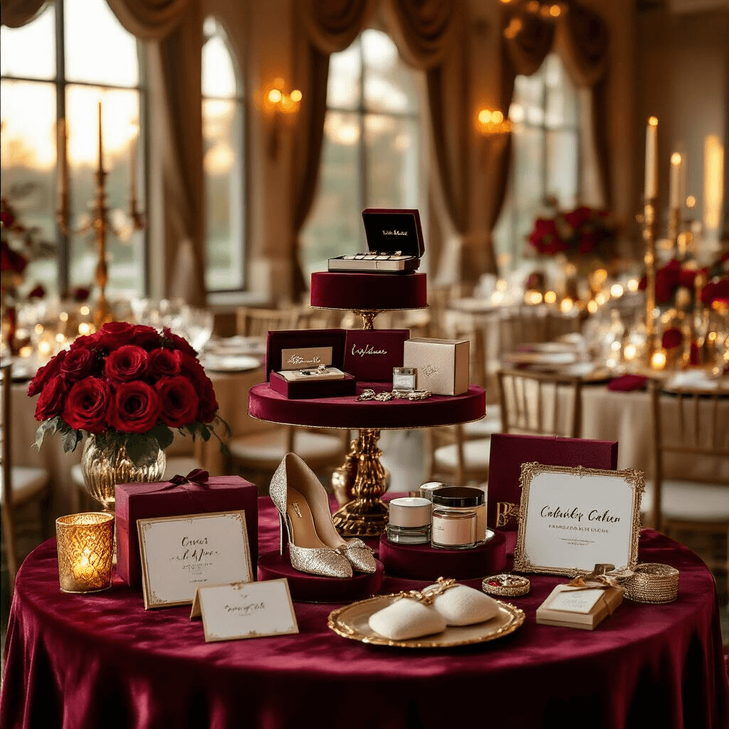 Ultimate Christmas Gift Guide for Women in 2025: Thoughtful Presents They'll Absolutely Love Elegant indoor ballroom gift presentation featuring tiered tables with curated gift sets, warm golden hour lighting, rich burgundy and champagne colors, silk linens, fresh red roses, and gold candelabras.