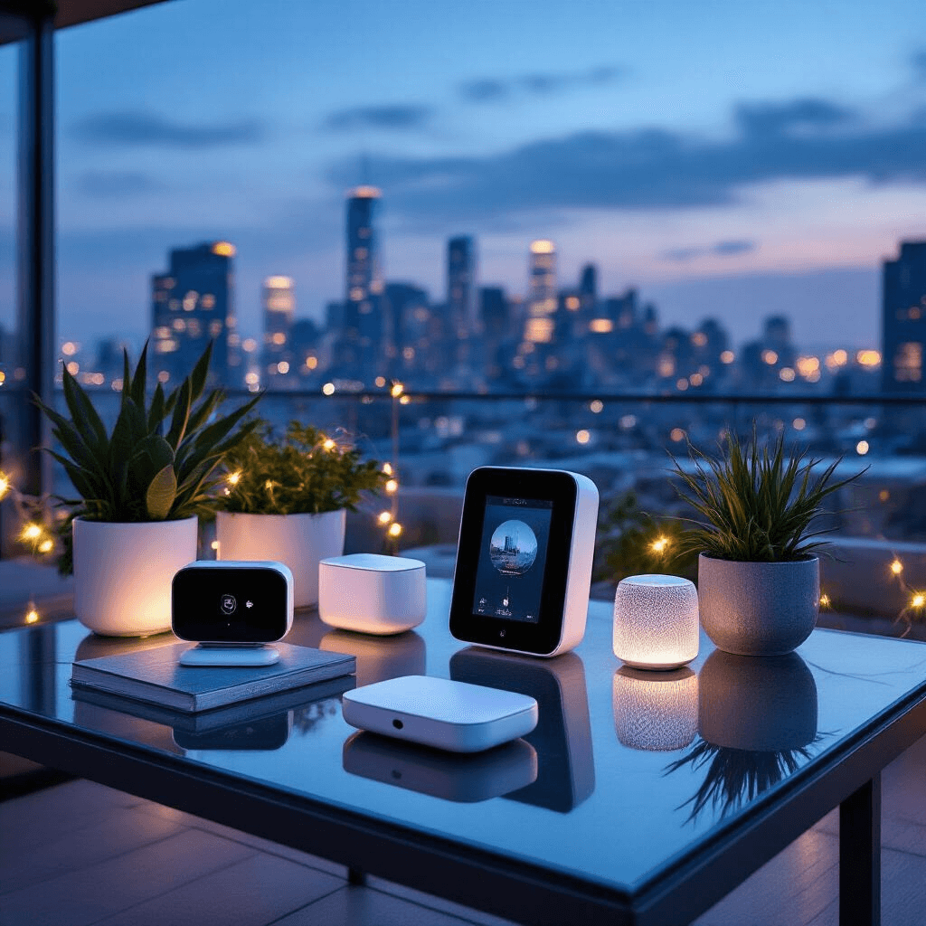 Ultimate Gift Guide: Thoughtful Presents Your Mom Will Absolutely Love A modern rooftop terrace elegantly arranged with smart home devices, wireless earbuds, and digital photo frames on sleek glass tables, set against a city skyline at night with fairy lights, featuring cool blue and silver tones and minimalist geometric planters.