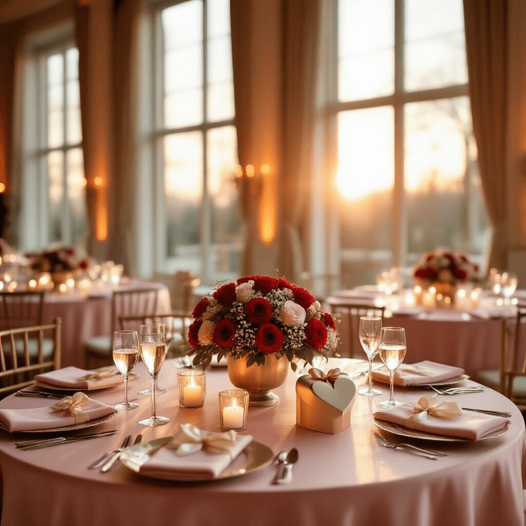 Valentine's Day Gift Guide: Unforgettable Presents for Every Relationship in 2025 Elegant ballroom bathed in golden hour sunlight, featuring blush pink tables with romantic red rose centerpieces, crystal champagne flutes, heart-shaped gift boxes, and floating candles for a whimsical Valentine's ambiance.