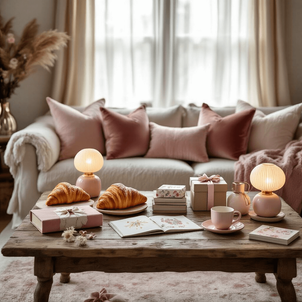 Valentine's Day Gift Guide: Unforgettable Presents for Every Relationship in 2025 A cozy living room bathed in soft morning light features a rustic wood coffee table adorned with quirky gifts, including croissant lamps and embroidery kits, surrounded by plush blush cushions and accented with rose gold and cream ceramics, highlighting a textured and intimate gift exchange atmosphere.