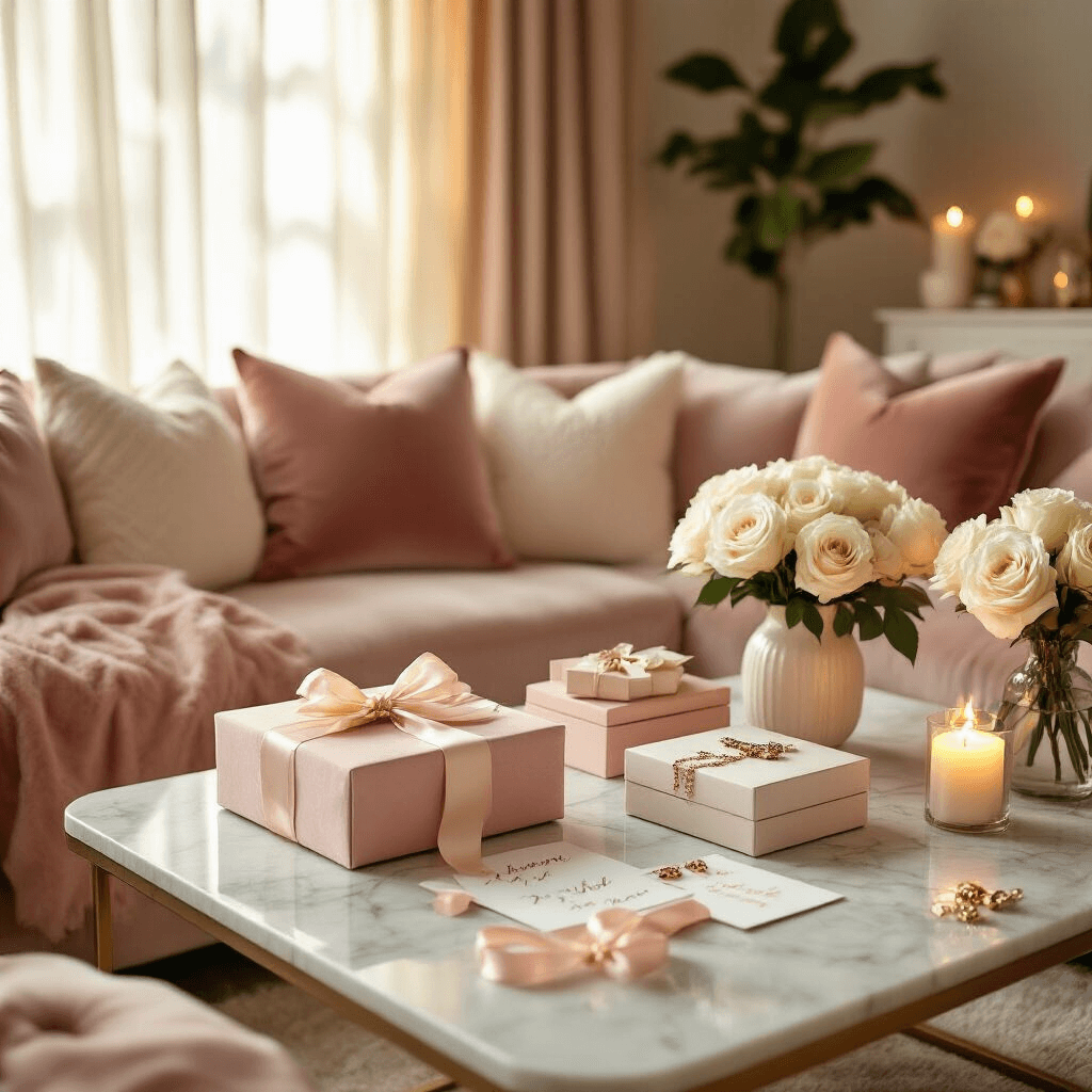 Ultimate Best Friend Gift Guide: Gifts That Scream "I Know You Better Than Anyone!" A cozy indoor living room during golden hour, featuring a gift exchange scene with personalized gifts, photo books, and friendship jewelry on a low coffee table, surrounded by blush pink and cream velvet cushions, fresh white roses, and warm candlelight.