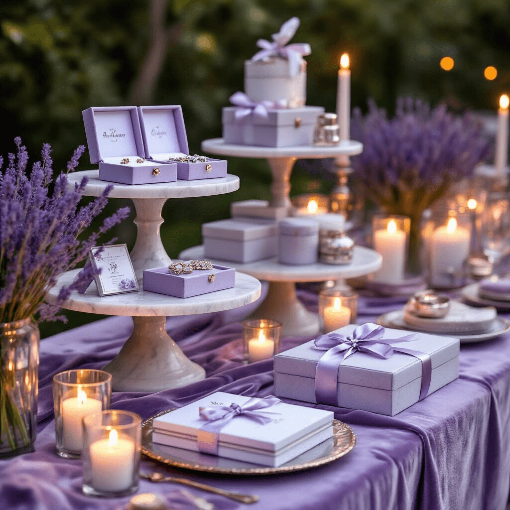 Ultimate Best Friend Gift Guide: Gifts That Scream "I Know You Better Than Anyone!" Close-up of an elegant gift table in a stylish backyard, featuring marble cake stands with jewelry boxes and custom photo books, surrounded by lavender and silver details. The table displays personalized travel accessories and self-care kits wrapped in sheer ribbons, with flickering candlelight reflecting in glassware and fresh lavender centerpieces adding texture, all under moody lighting.