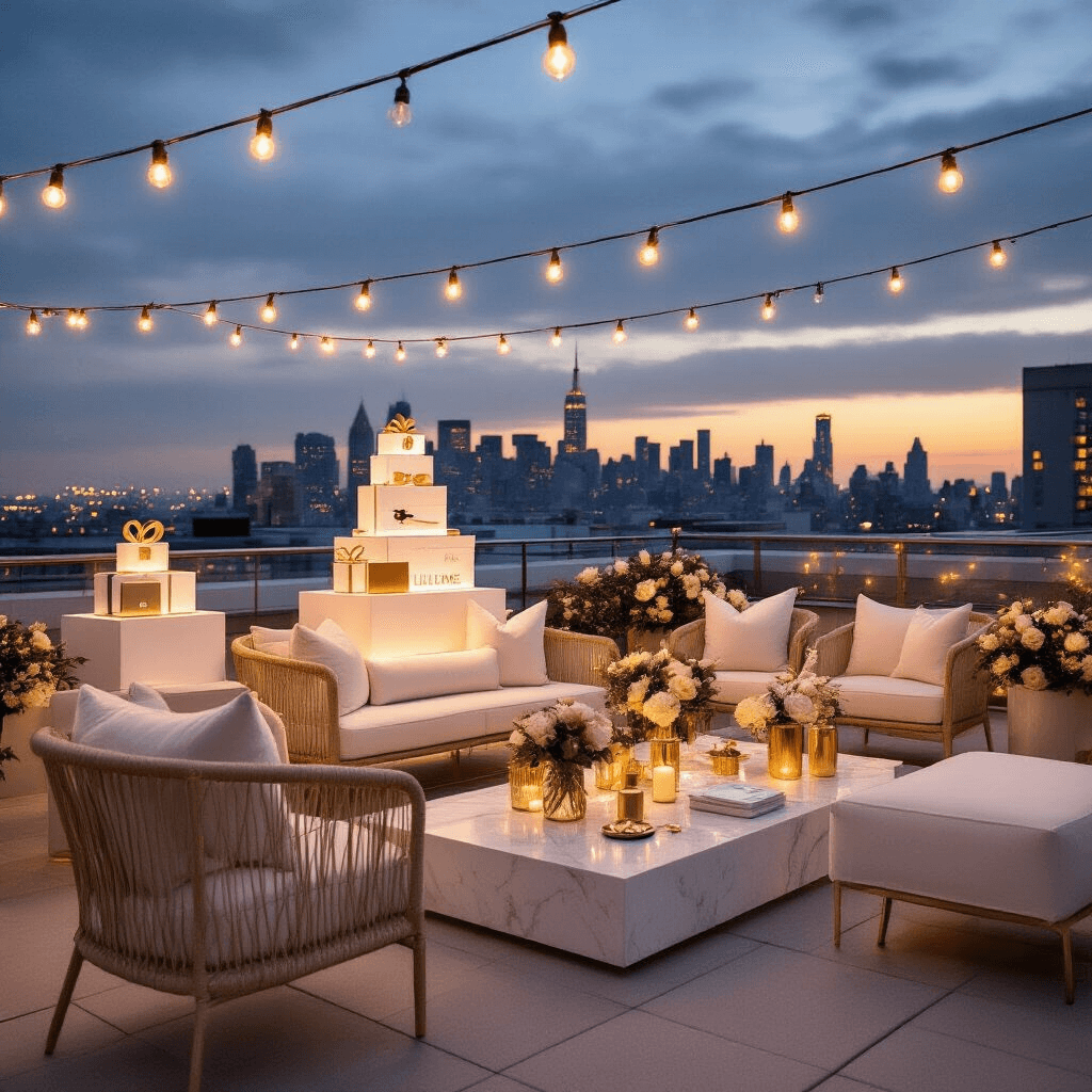 Ultimate Best Friend Gift Guide: Gifts That Scream "I Know You Better Than Anyone!" Cinematic rooftop terrace celebrating a gift exchange with modern furniture, cream linens, and gold accents, featuring tiered displays of tech gifts and accessories against a city skyline, illuminated by string lights and complemented by fresh florals and elegant place settings.