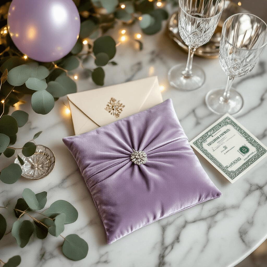 Wedding Gift Wrapping Ideas: Make Your Present Shine! A modern apartment dining table set with an ambient arrangement of cash gift presentations, including decorative velour pouches, ornate wedding envelopes, and money balloons, all on a marble surface, complemented by lavender and silver accents, crystal stemware, and fresh eucalyptus branches in a minimalist and luxe style.