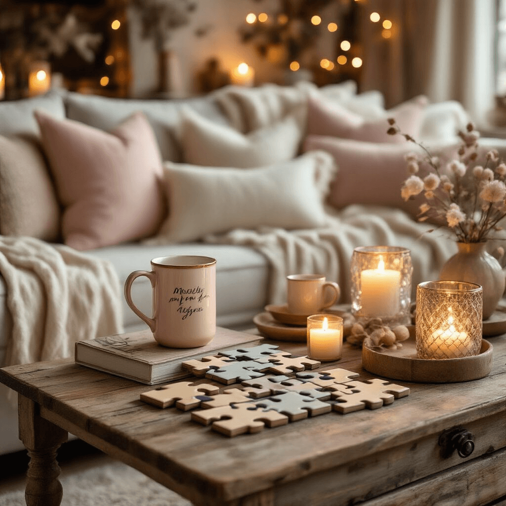 Awesome Gift Ideas for Men: The Ultimate Guide to Impressive Presents Cozy living room scene featuring budget-friendly gift options like personalized drinkware, unique puzzles, and affordable accessories on vintage wooden surfaces, adorned with warm blush pink and cream tones, gold accents, layered textiles, soft pillows, and intimate candle groupings, all illuminated by fairy lights.