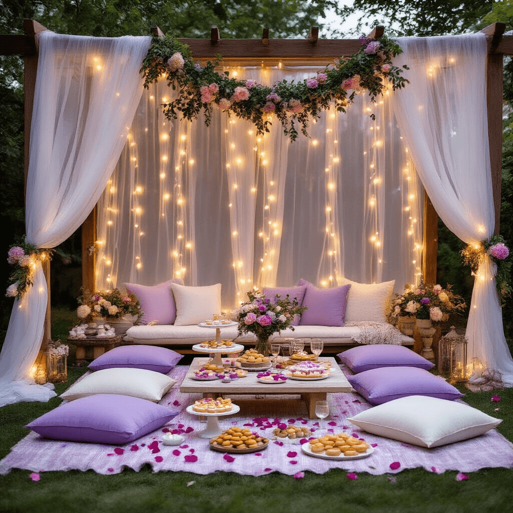 Magical Toddler Tea Party Birthday: The Ultimate Guide to Creating Unforgettable Memories Stylish backyard picnic setup with low tables, floor cushions in lavender and cream, sheer drapery, fairy lights, fresh flower garlands on vintage wooden posts, marble cake stands with colorful treats and delicate glassware, and beautifully arranged finger foods with rose petals and custom signage in soft evening light.