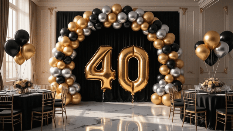 Elevate Your 40th Birthday Celebration with Stunning Balloon Decor Luxurious ballroom decorated for a 40th birthday, featuring a glamorous balloon arch in gold, black, and silver with large '4' and '0' balloons, round tables with silk black linens, crystal glassware, and ambient lighting reflecting off marble floors.