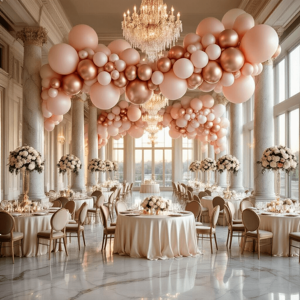 Stunning Engagement Balloons: The Ultimate Guide to Creating Magical Celebration Moments Photorealistic image of an elegant ballroom at golden hour, featuring a stunning engagement balloon installation with blush pink, rose gold, and ivory balloon garlands, crystal chandeliers, round tables draped in silk ivory linens, metallic balloon centerpieces, fresh white roses, and personalized 'She Said Yes' signage, all illuminated by soft natural light filtering through tall windows.