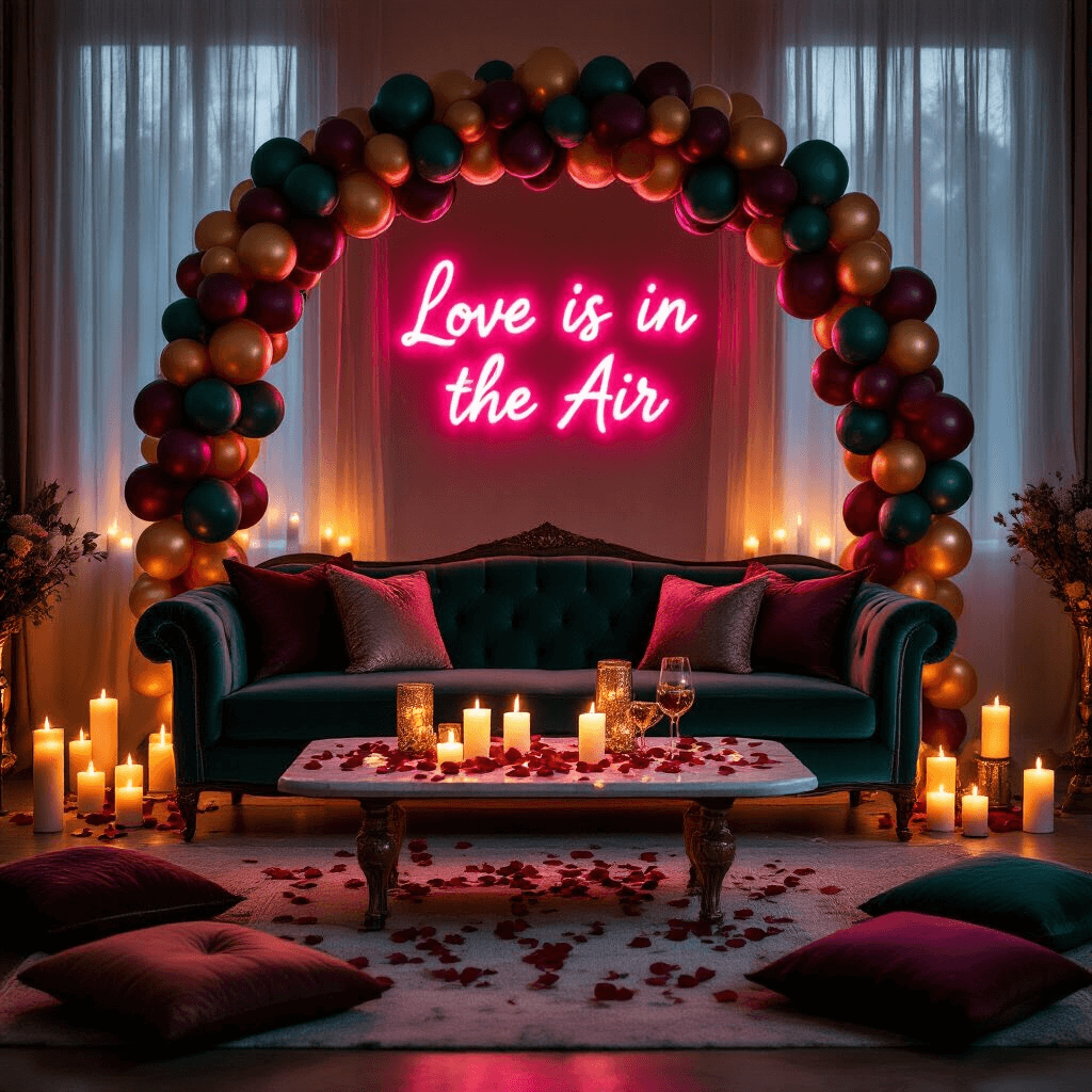 Stunning Engagement Balloons: The Ultimate Guide to Creating Magical Celebration Moments A cozy living room elegantly decorated for an engagement celebration, featuring a jewel-toned balloon arch, a vintage velvet sofa, confetti-filled balloons, flickering candles, and rose petals, all illuminated by warm lighting and a glowing neon sign.