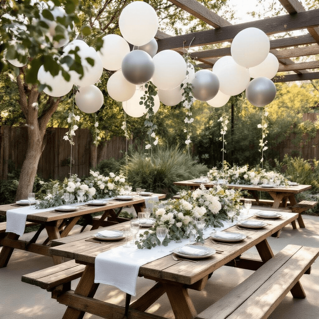 Stunning Engagement Balloons: The Ultimate Guide to Creating Magical Celebration Moments A stylish backyard engagement party setup featuring rustic wooden picnic tables with white linens, adorned with monochrome balloon clusters and fresh eucalyptus, illuminated by soft morning light.