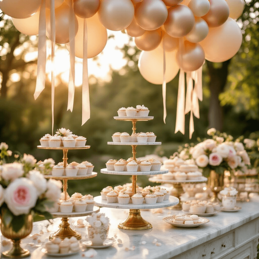 Stunning Engagement Balloons: The Ultimate Guide to Creating Magical Celebration Moments Elegant dessert table featuring tiered marble cake stands with engagement-themed treats, adorned with a cascading balloon installation in soft blush, champagne, and pearl white, set in a garden during golden hour. Delicate silk ribbons and vintage gold stands highlight personalized favors and confetti balloons, while fresh peonies and roses in mercury glass vases complete the intimate celebration.