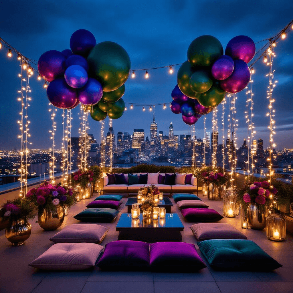 Stunning Engagement Balloons: The Ultimate Guide to Creating Magical Celebration Moments A stunning rooftop terrace engagement celebration at night, adorned with bold balloon installations in sapphire blue, emerald green, and deep purple, surrounded by modern furniture and velvet floor cushions, illuminated by fairy lights and city lights.
