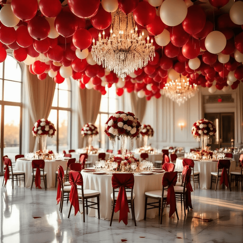 The Red Balloons Aesthetic: A Bold and Playful Visual Trend Cinematic wide-angle view of an elegant ballroom at golden hour, featuring red balloon garlands from a chandelier, white silk-draped tables with crimson balloon centerpieces and ivory roses, softly lit by natural light through tall windows, showcasing luxurious decor and romantic ambiance.