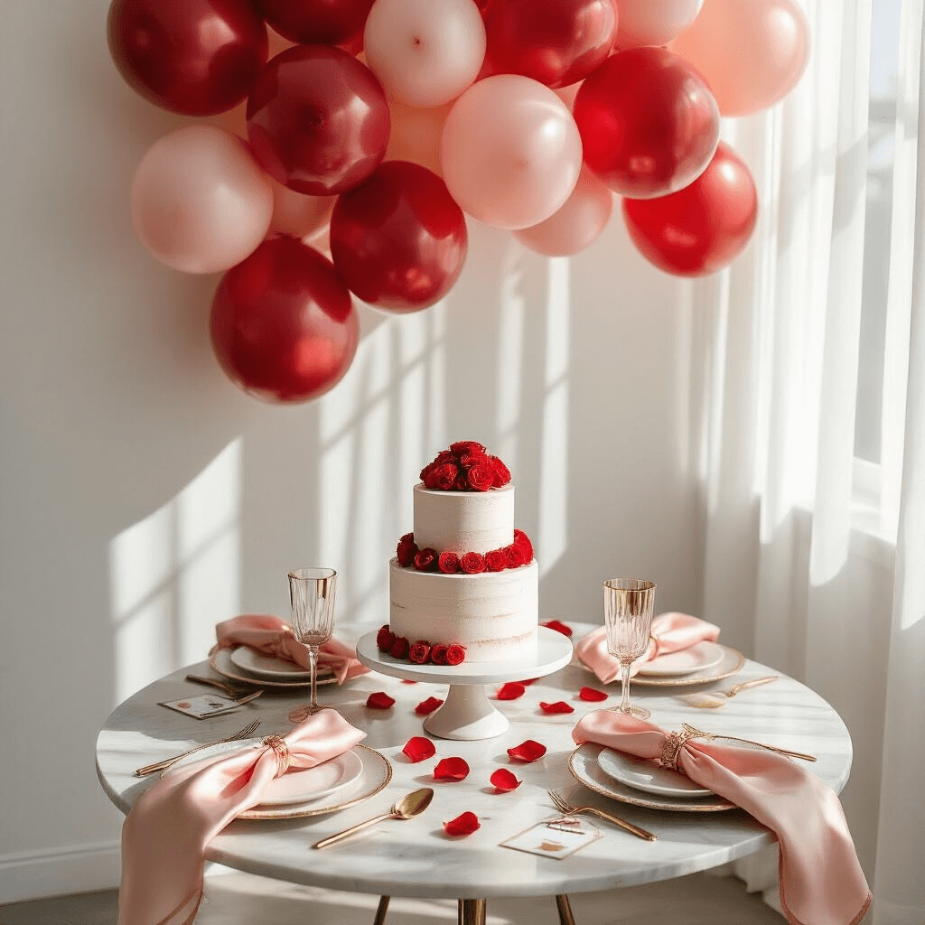 The Red Balloons Aesthetic: A Bold and Playful Visual Trend Overhead view of a modern birthday celebration setup in a bright apartment, featuring a tiered cake on a marble coffee table, clusters of red balloons, elegant place settings with pink napkins and gold glassware, adorned with rose petals and gift tags, set against white walls.