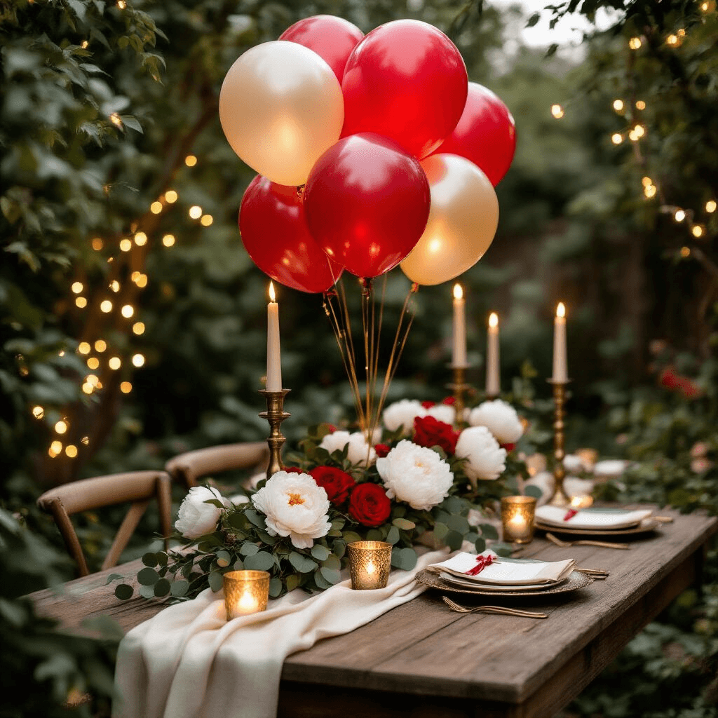 The Red Balloons Aesthetic: A Bold and Playful Visual Trend Close-up detail of a romantic engagement photoshoot setup featuring a rustic wooden table with red balloons and brass candlesticks, surrounded by warm fairy lights, cream and gold linen runners, white peonies, and eucalyptus, all under candlelit evening ambiance.