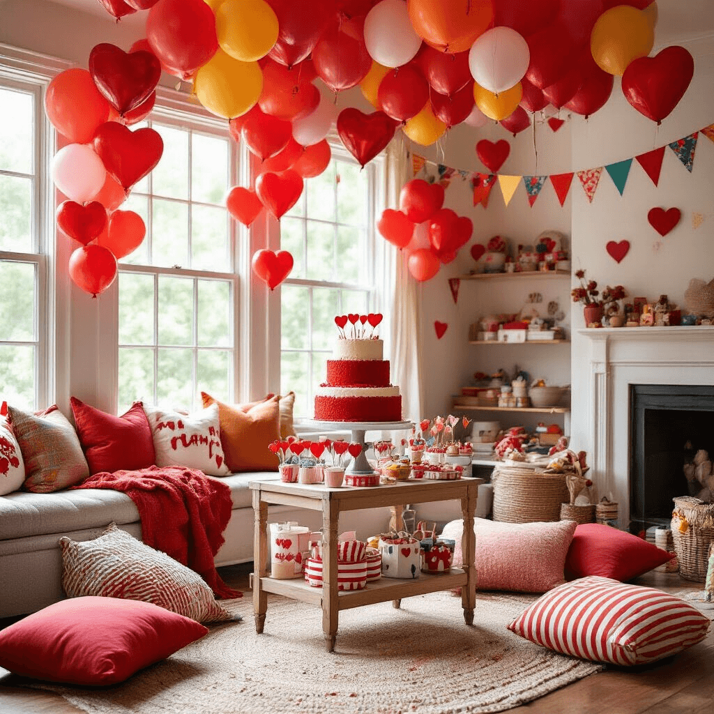 The Red Balloons Aesthetic: A Bold and Playful Visual Trend A whimsical children's birthday party in a cozy living room, bathed in natural sunlight, filled with bold primary-colored balloons, a DIY dessert cart with a red velvet cake, clusters of heart-shaped balloons, soft throw pillows for seating, and colorful bunting, all celebrating joy and childhood wonder.