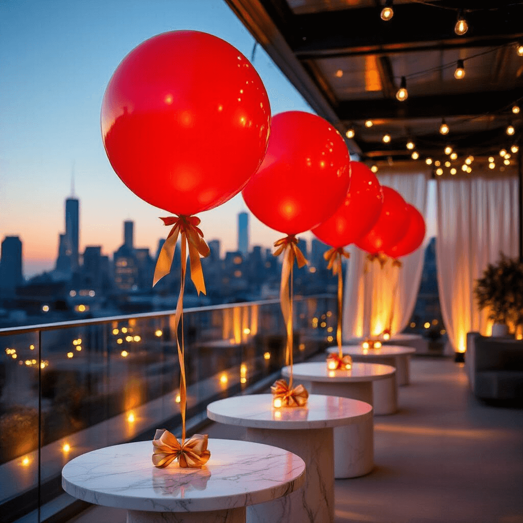 The Red Balloons Aesthetic: A Bold and Playful Visual Trend A luxurious corporate event on a rooftop terrace illuminated by fairy lights, featuring elegant cocktail tables with white marble tops, oversized red balloons tied with metallic gold ribbons, and a city skyline backdrop, all exuding sophistication and refined professionalism.