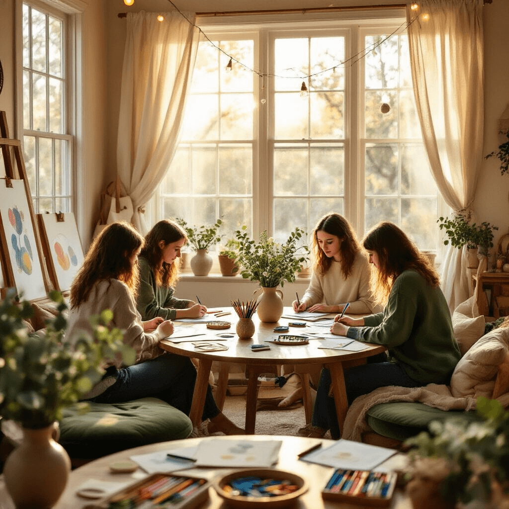 How to Draw Balloons: A Beginner's Guide to Creating Magical Floating Shapes A cozy art workshop filled with natural light in a living room, featuring artists drawing on balloon sketches at round wooden tables, surrounded by eucalyptus centerpieces and adorned with fairy lights.
