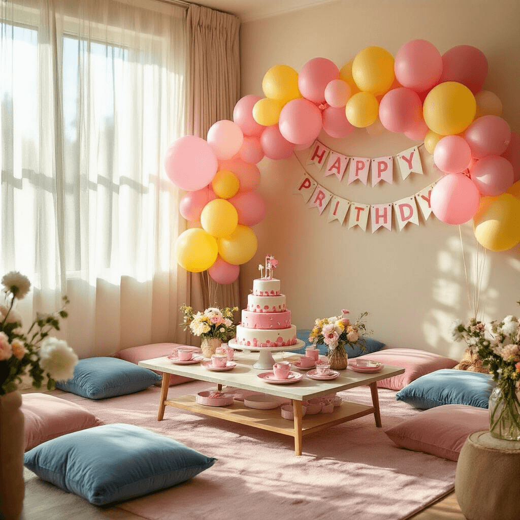 Ultimate Peppa Pig Balloon Party Decor Guide: Creating Magic for Little Ones Cinematic wide-angle shot of a cozy living room transformed into a Peppa Pig-themed wonderland with pastel balloons, a tiered birthday cake, plush seating, and whimsical decorations in soft golden hour lighting.