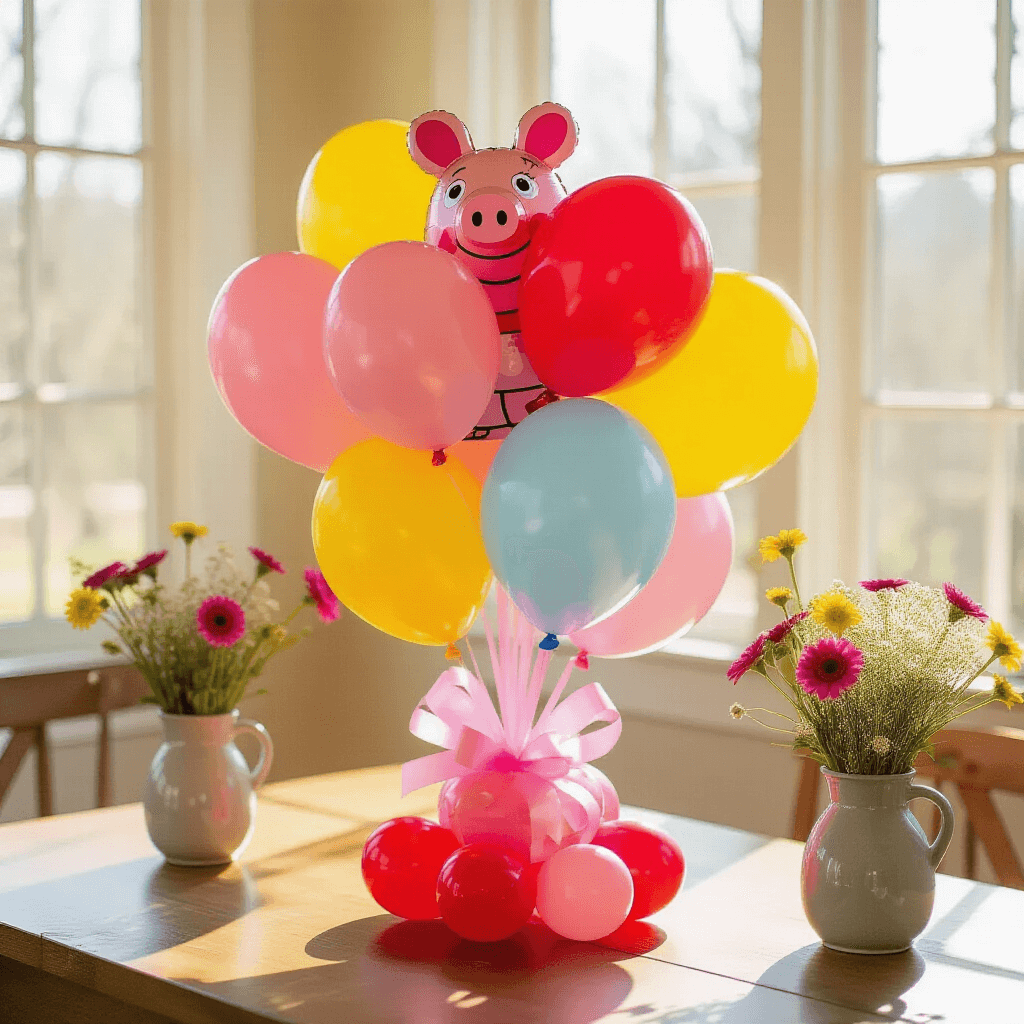 Ultimate Peppa Pig Balloon Party Decor Guide: Creating Magic for Little Ones Close-up of a Peppa Pig balloon bouquet centerpiece in a cozy dining nook, featuring mylar character balloons in red and pink, surrounded by yellow and blue latex balloons, with a rustic wood table, fresh wildflowers in ceramic vases, and sheer pink ribbons, all illuminated by natural midday sunlight.