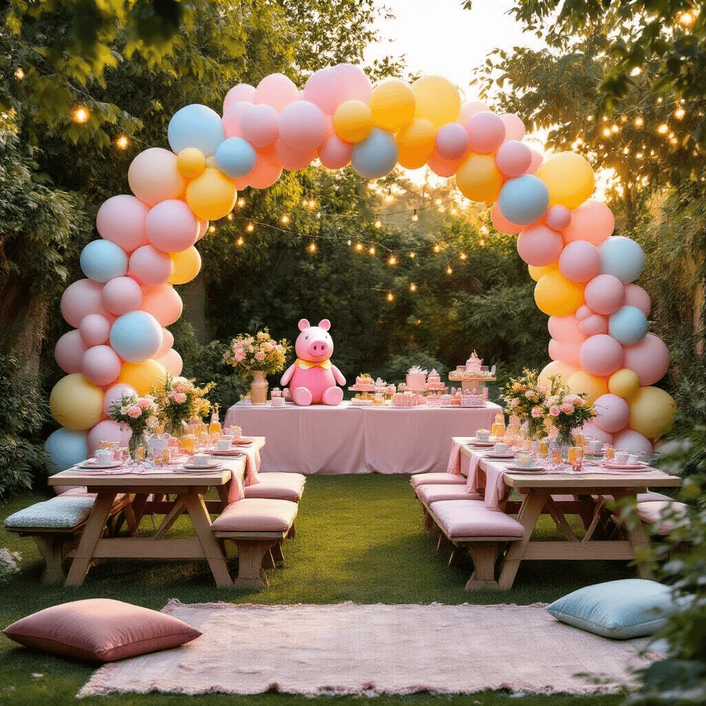 Ultimate Peppa Pig Balloon Party Decor Guide: Creating Magic for Little Ones Wide shot of a beautifully styled backyard during golden hour, featuring a pastel balloon arch inspired by Peppa Pig, picnic tables with blush pink linens, themed party accessories, string fairy lights, fresh florals in mason jars, and cozy velvet floor cushions, all set against lush greenery.
