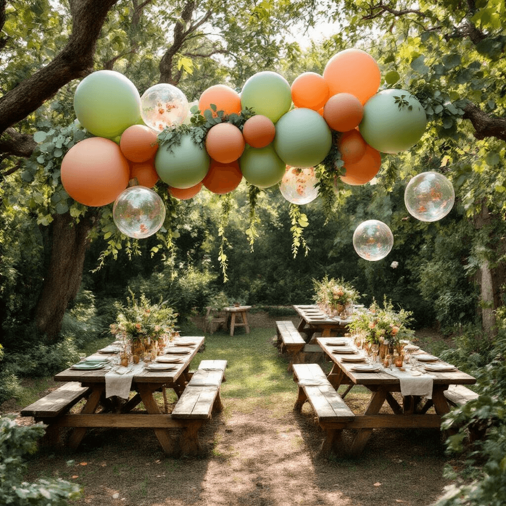 Big Balloons: The Ultimate Guide to Making Your Event Pop! Overhead view of a whimsical garden party with sage green and terracotta balloon installations, eucalyptus garlands, rustic wooden picnic tables, and confetti-filled clear bubble balloons above vintage brass centerpieces and earthy-toned linen napkins, all illuminated by natural midday sunlight.