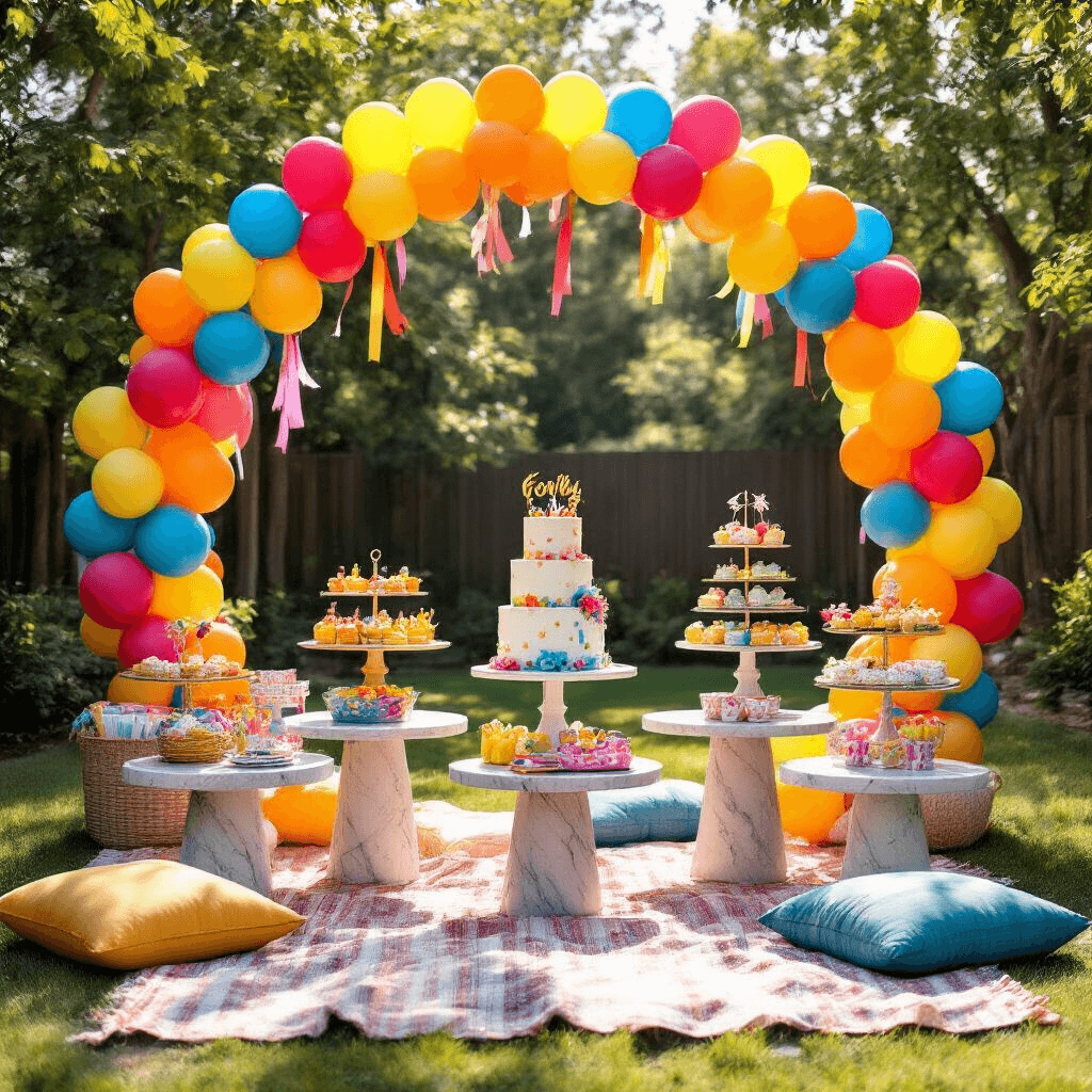 Big Balloons: The Ultimate Guide to Making Your Event Pop! A stylish backyard birthday setup with bold primary-colored giant foil number balloons, tiered cake displays on marble stands, playful streamers, custom party favors, a vibrant balloon arch, picnic blankets, and floor cushions.
