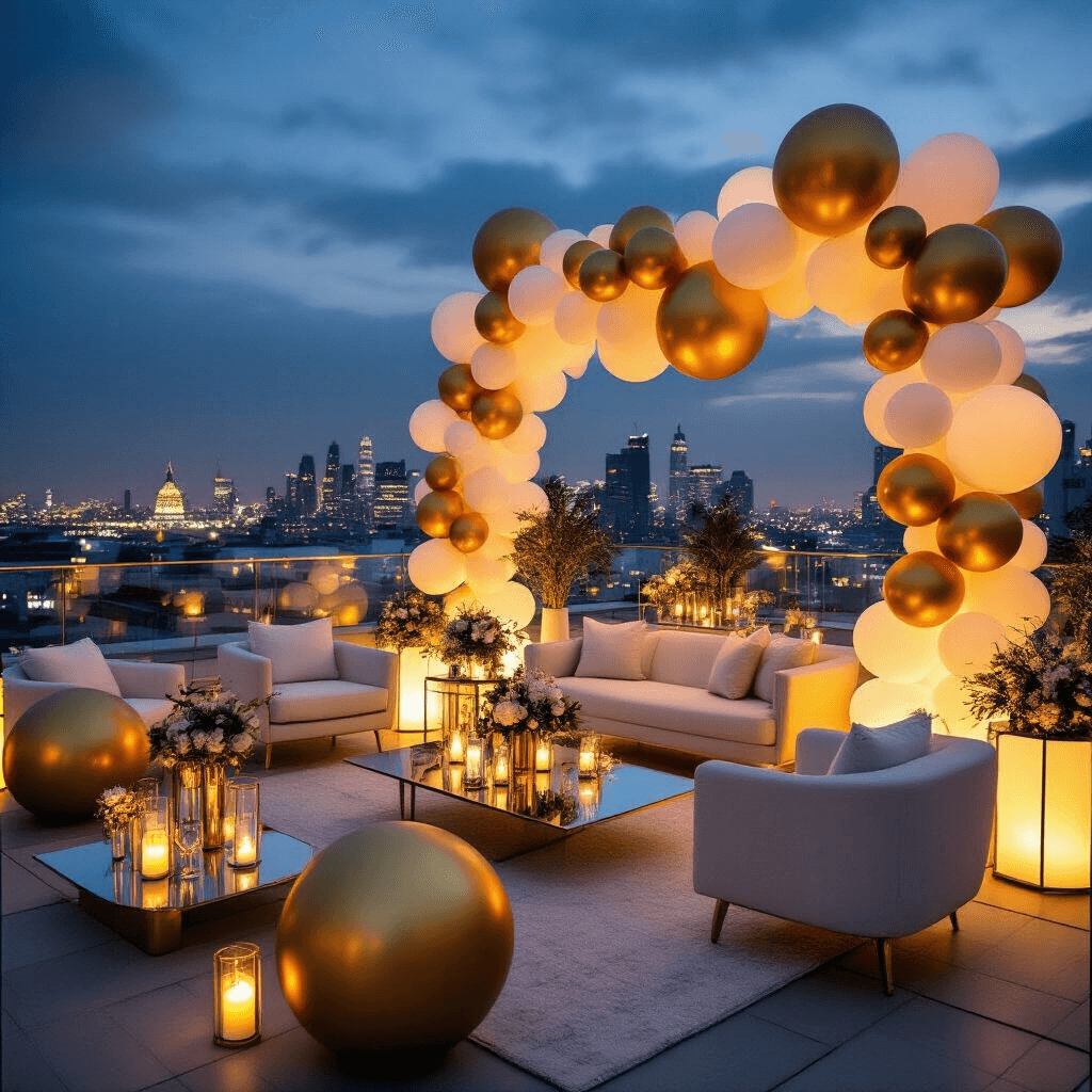 Big Balloons: The Ultimate Guide to Making Your Event Pop! Moody wide-angle view of a rooftop terrace corporate event featuring metallic gold and ivory balloon installations, modern furniture, and twinkling city lights, creating a sophisticated and celebratory atmosphere.