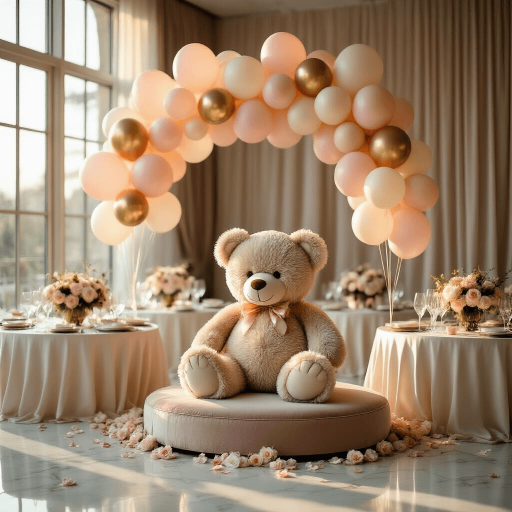 Bear with Balloons: The Ultimate Guide to Whimsical Event Decor Cinematic wide-angle shot of an elegant indoor ballroom at golden hour, showcasing an oversized plush teddy bear on a velvet cushion, surrounded by clusters of blush pink, cream, and gold balloons, with silk-draped tables, crystal glassware, fresh peonies, and soft sunlight illuminating marble floors.