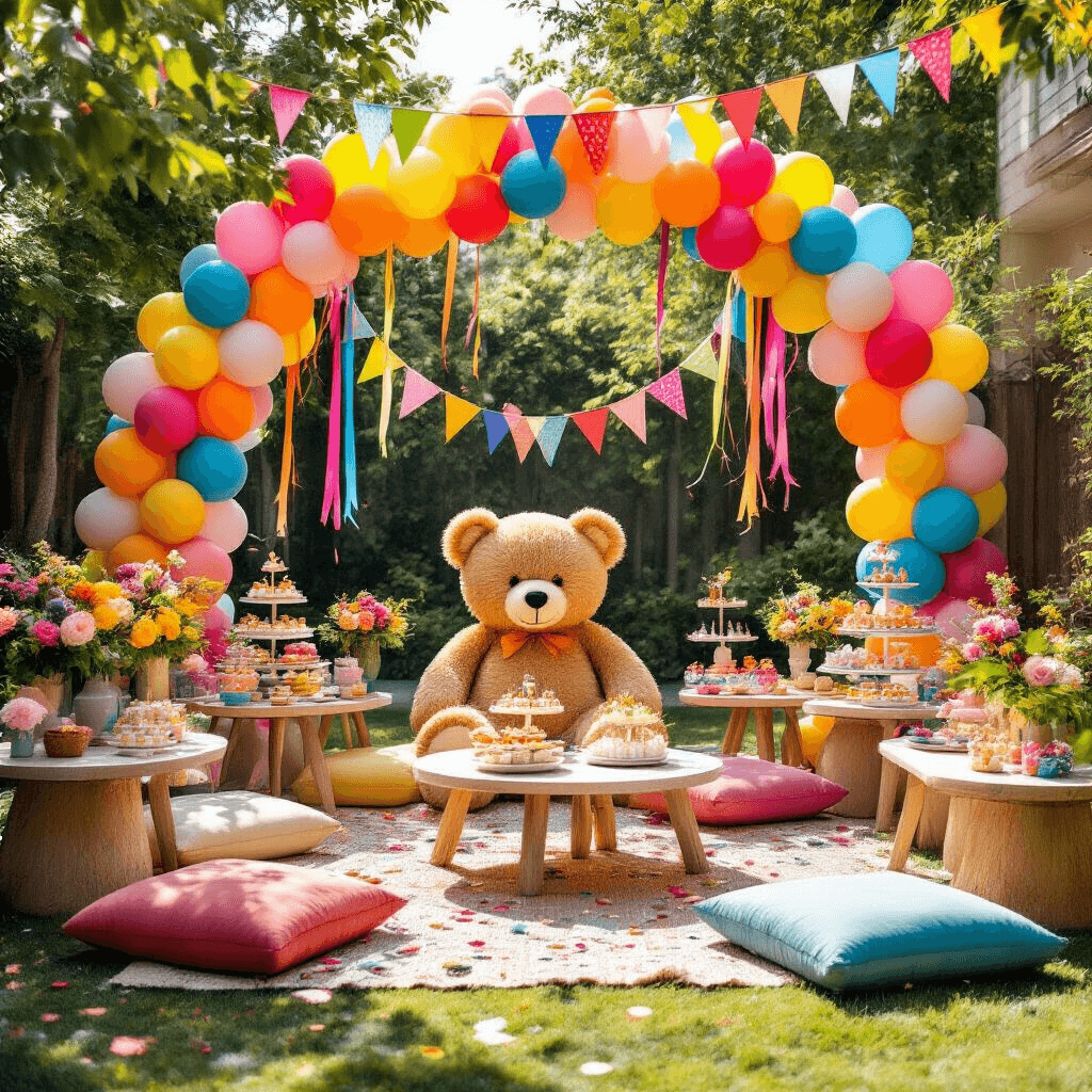 Bear with Balloons: The Ultimate Guide to Whimsical Event Decor A whimsical children's party set in a stylish backyard, featuring a large teddy bear centerpiece, bold primary-colored balloons, rainbow streamers, low tables with floor cushions, a dessert cart with tiered treats, balloon arches, fresh florals, colorful bunting, DIY photo booth props, and scattered confetti, all illuminated by bright midday sunlight.