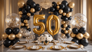 Elevate Your 50th Birthday Bash with Stunning Balloon Decor Cinematic wide-angle shot of an elegant 50th birthday celebration with black and gold balloon décor, metallic '50' centerpieces, luxurious silk ivory table linens, and crystal glassware. Warm golden hour lighting enhances textures and creates an inviting atmosphere with soft background focus, candlelight, and string lights.