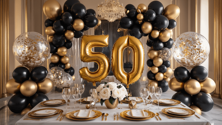 Elevate Your 50th Birthday Bash with Stunning Balloon Decor Cinematic wide-angle shot of an elegant 50th birthday celebration with black and gold balloon décor, metallic '50' centerpieces, luxurious silk ivory table linens, and crystal glassware. Warm golden hour lighting enhances textures and creates an inviting atmosphere with soft background focus, candlelight, and string lights.
