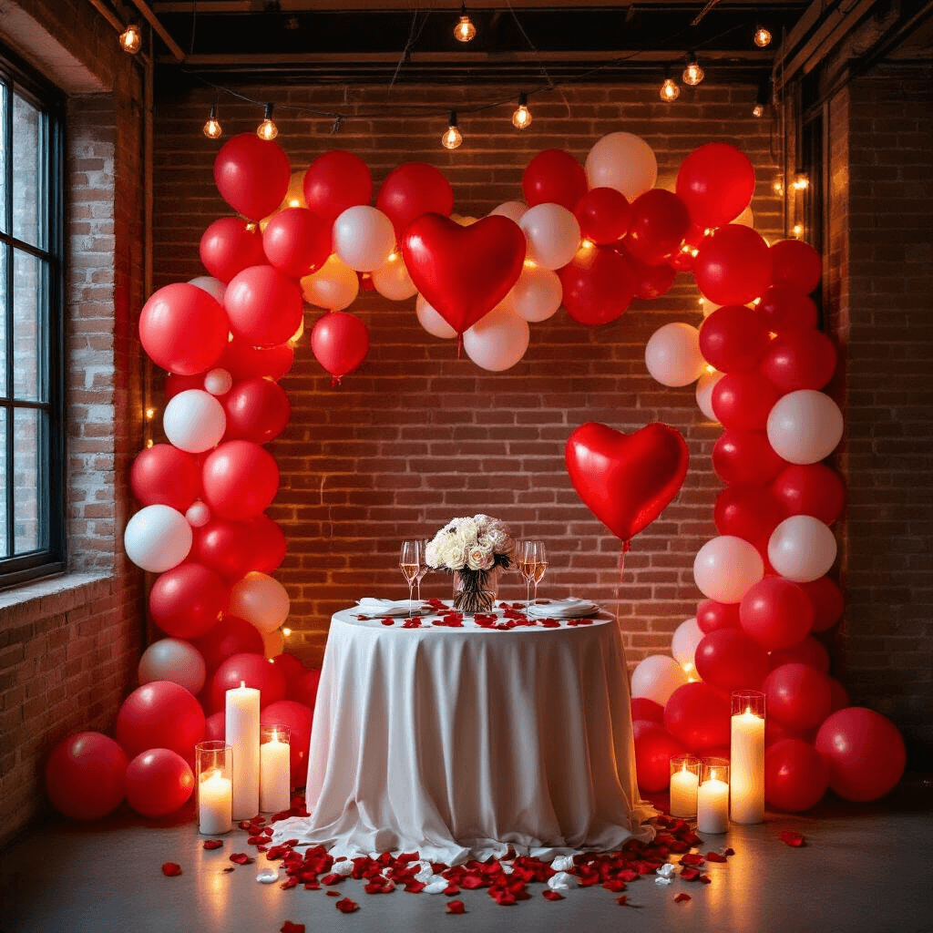 Red Heart Balloons: The Ultimate Guide to Romantic Event Styling A romantic apartment proposal setup with a balloon wall of red heart balloons, softly illuminated by string lights and candles, featuring a small table adorned with champagne flutes and white roses, surrounded by rose petals and floating balloons.