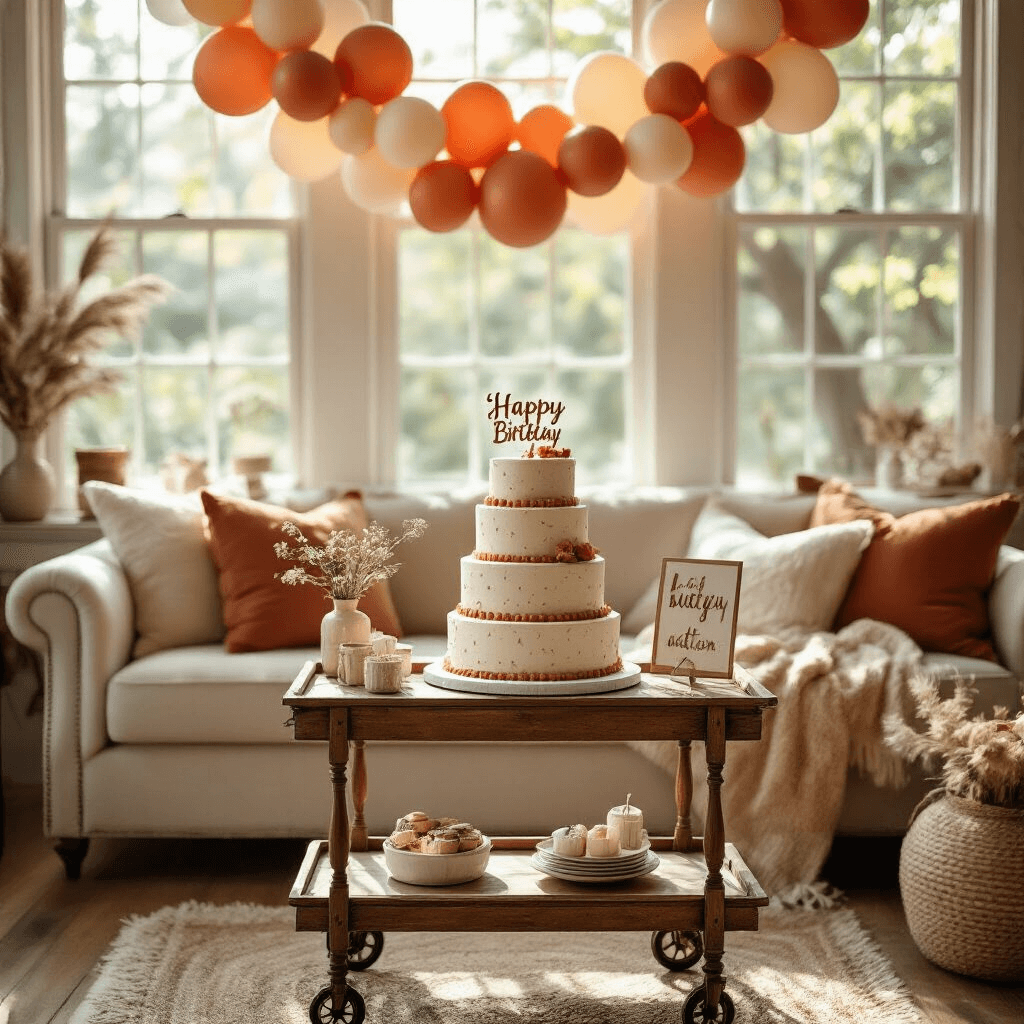 Colorful Balloons: The Ultimate Party Decor Secret Weapon Cozy living room birthday setup with a vintage dessert cart featuring a tiered cake, terracotta and cream balloon garlands, personalized signage, and layered textiles, illuminated by midday sunlight.