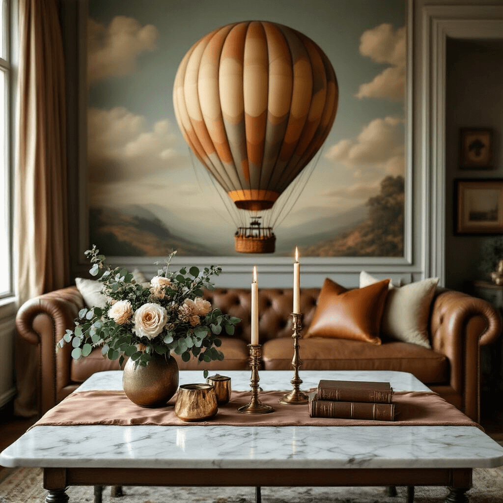 Balloon Wallpapers: Transform Your Space with Whimsical Design Elegant living room set for a celebration, featuring vintage hot air balloon wallpaper, a sophisticated desert table adorned with brass candlesticks and fresh eucalyptus, all highlighted by warm evening lighting and a luxurious terracotta and sage color palette.