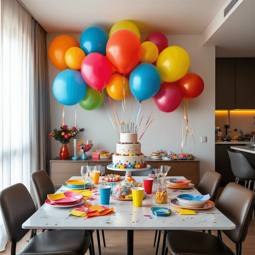 Balloon Wallpapers: Transform Your Space with Whimsical Design A vibrant modern apartment decorated for a children's birthday celebration, featuring a colorful balloon cluster wallpaper, sleek furniture, acrylic cake stands, metallic balloons, and neon marquee lighting, all contributing to a festive atmosphere with geometric party favors and glossy ceramic tableware.
