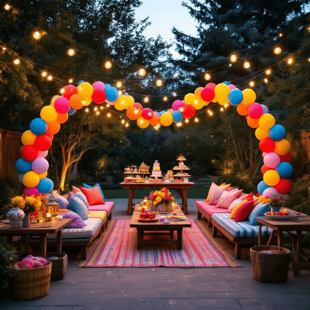 Link Balloons: The Ultimate Guide to Creating Stunning Event Decor A vibrant backyard party at dusk featuring bold balloon arches, string lights, picnic seating with colorful linens, and a dessert cart framed by a balloon garland, creating a magical atmosphere with personalized decorations.