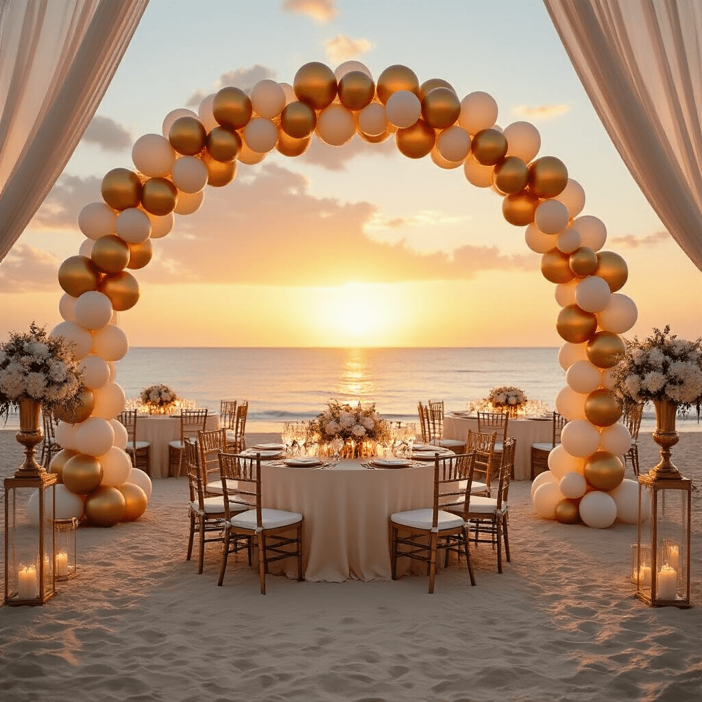 Link Balloons: The Ultimate Guide to Creating Stunning Event Decor Dramatic wide-angle view of a beachfront wedding at sunset, featuring gold and ivory balloon installations, elegant round tables with silk linens, and fresh white florals, all bathed in warm, romantic golden hour lighting.