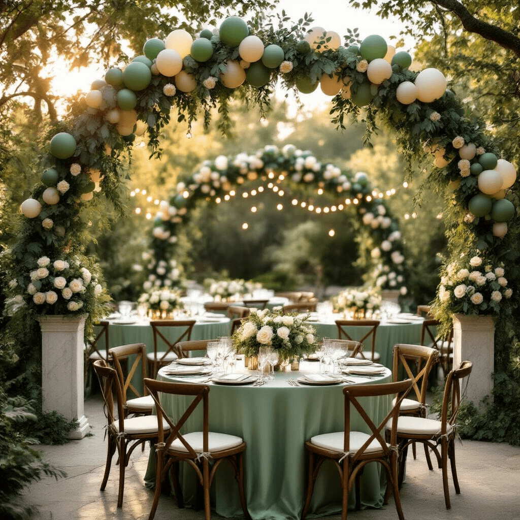 Green Balloons: The Ultimate Guide to Stylish Event Decor and Content Creation Cinematic wide-angle view of an elegant outdoor garden wedding reception at golden hour, featuring round tables with sage green silk linens, balloon arches in shades of eucalyptus, forest, and mint green, cream roses on marble pedestals, string lights, vintage wooden chairs, and lush greenery.