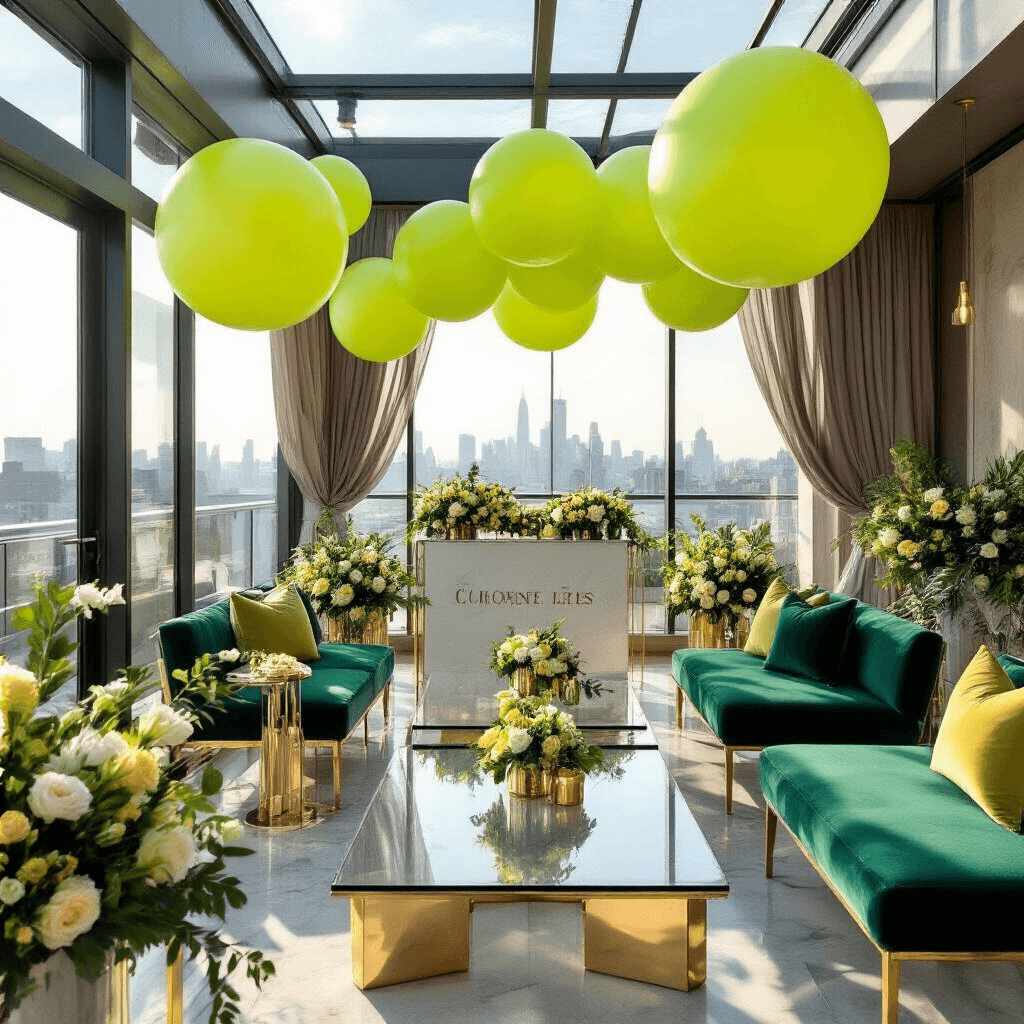 Green Balloons: The Ultimate Guide to Stylish Event Decor and Content Creation Overhead view of a luxurious corporate product launch on a modern rooftop terrace, featuring geometric lime and neon green balloon installations, sleek glass tables with metallic gold accents, velvet emerald cushions, and soft morning light filtering through sheer drapery, highlighting personalized signage and contemporary floral arrangements.