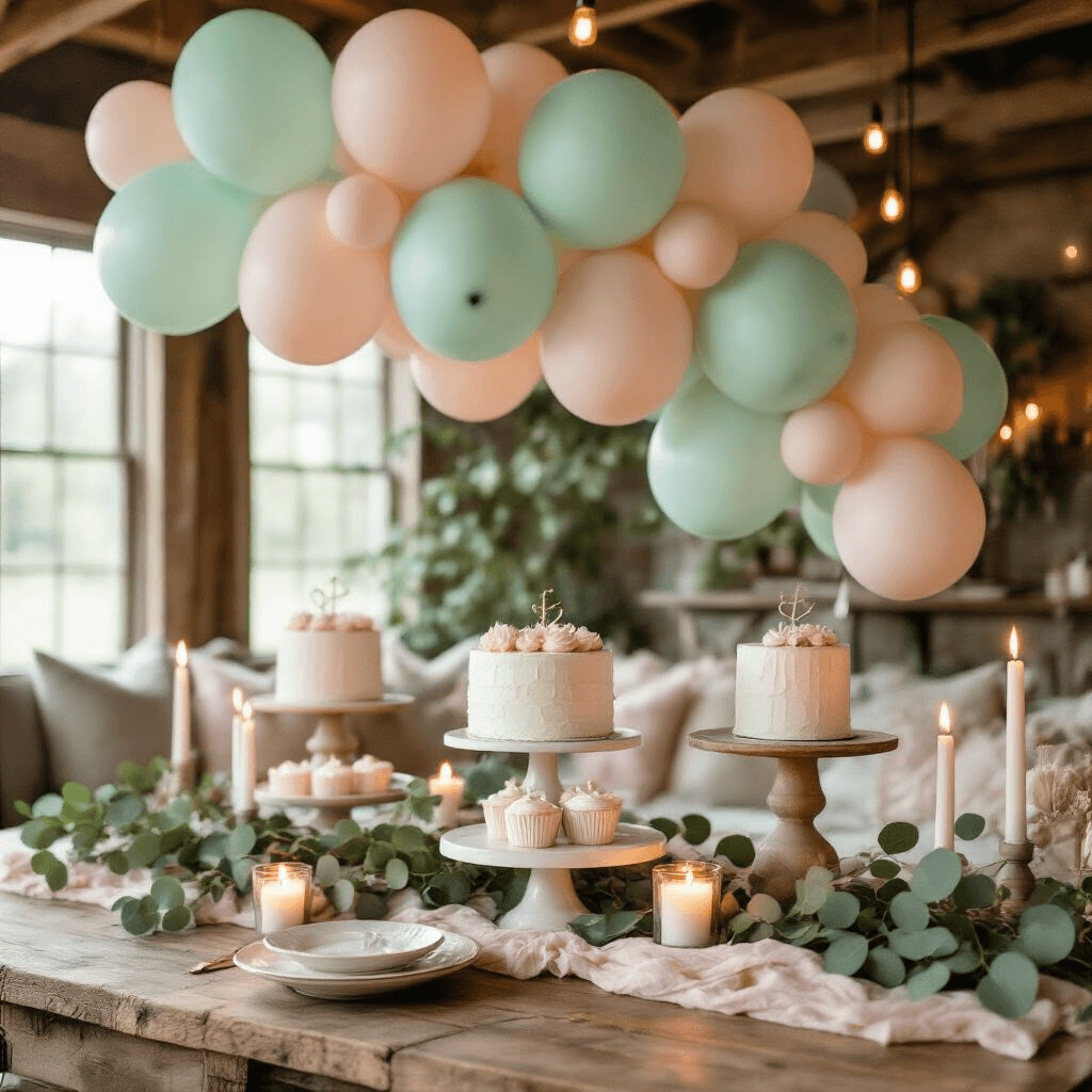 Green Balloons: The Ultimate Guide to Stylish Event Decor and Content Creation Close-up of a cozy birthday celebration in a candlelit living room, featuring pastel mint and sage balloons, blush pink and cream textiles, and eucalyptus garlands among flickering candles and party favors on rustic wood tables.