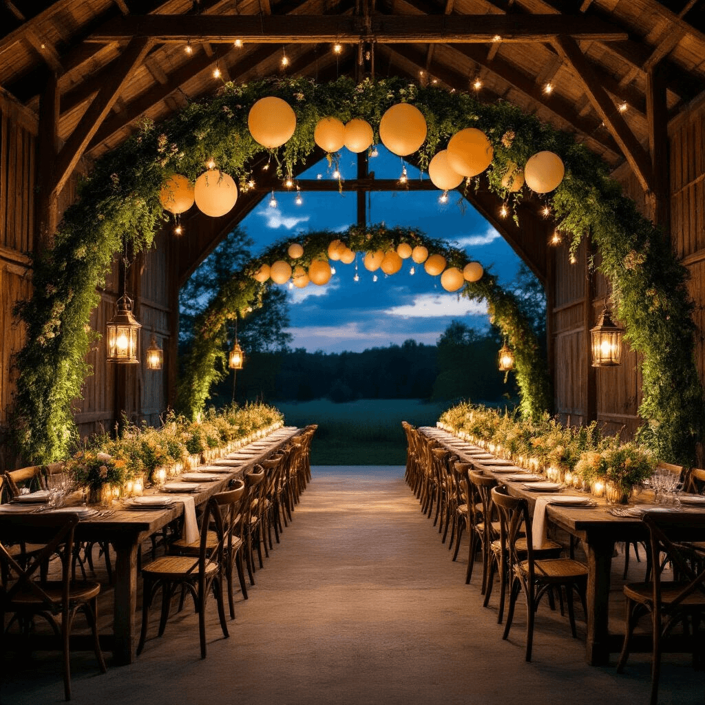 Green Balloons: The Ultimate Guide to Stylish Event Decor and Content Creation A rustic barn reception under a fairy-lit night sky, featuring deep forest and emerald green balloon arches framing long wooden tables with cream linens, vintage brass lanterns illuminating wildflower centerpieces, and mismatched wooden chairs enhancing the whimsical atmosphere.
